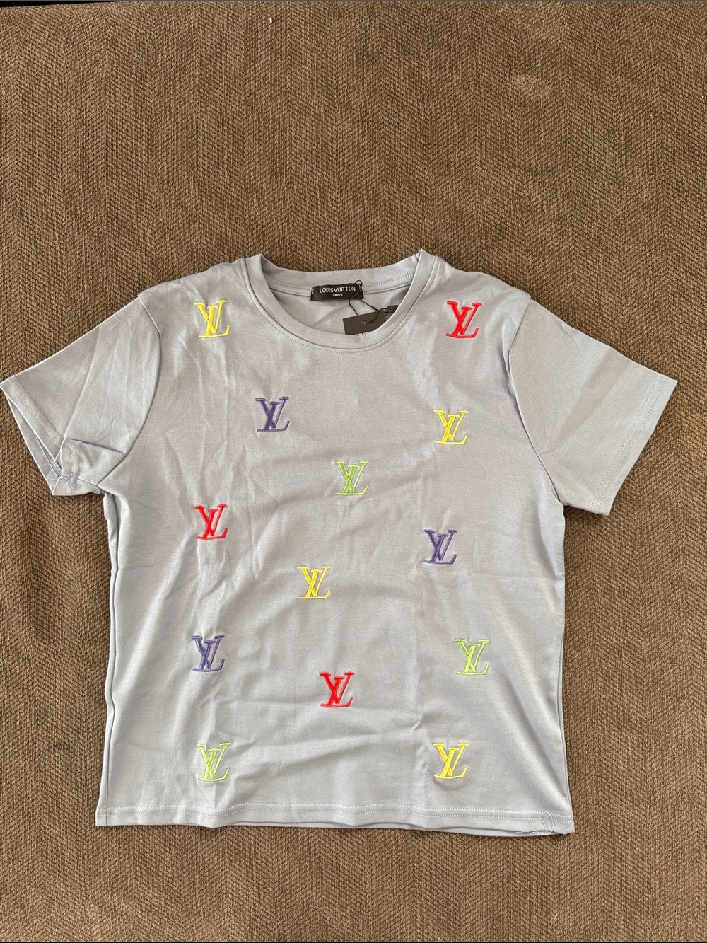 Light Blue Short Sleeve Tee with Multicolor Embroidered Logos